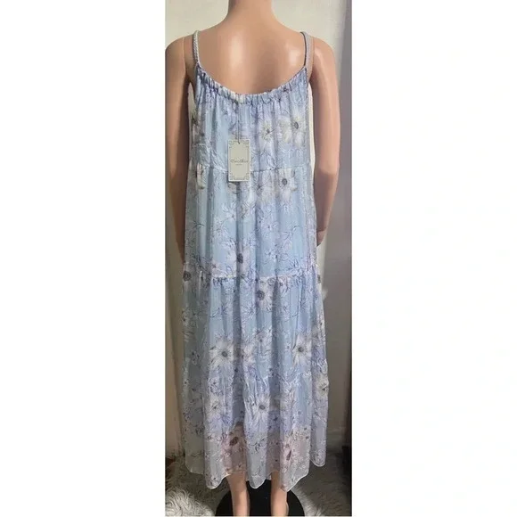 NWT ELENA BALDI Blue Silk Blend Floral Tiered Maxi Dress - Picture 4 of 14